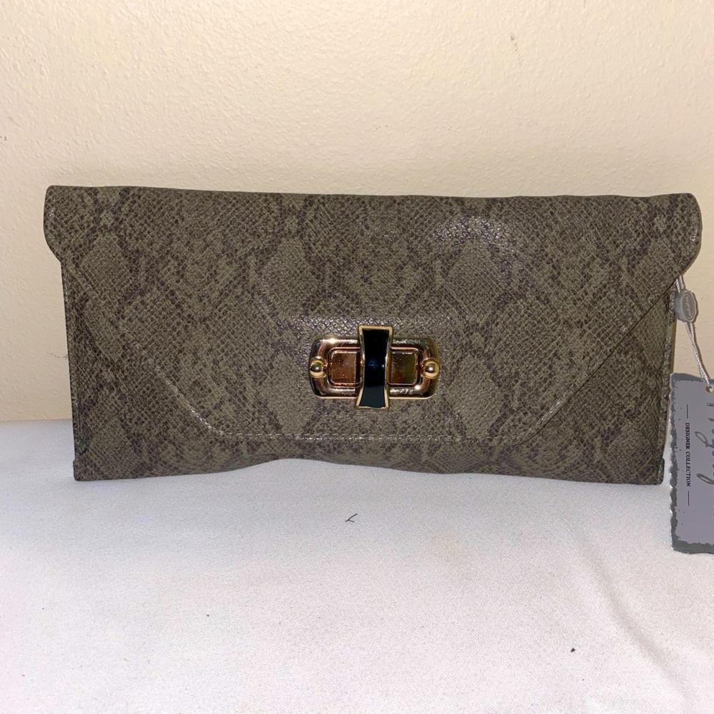 Gray snakeskin style large clutch bag